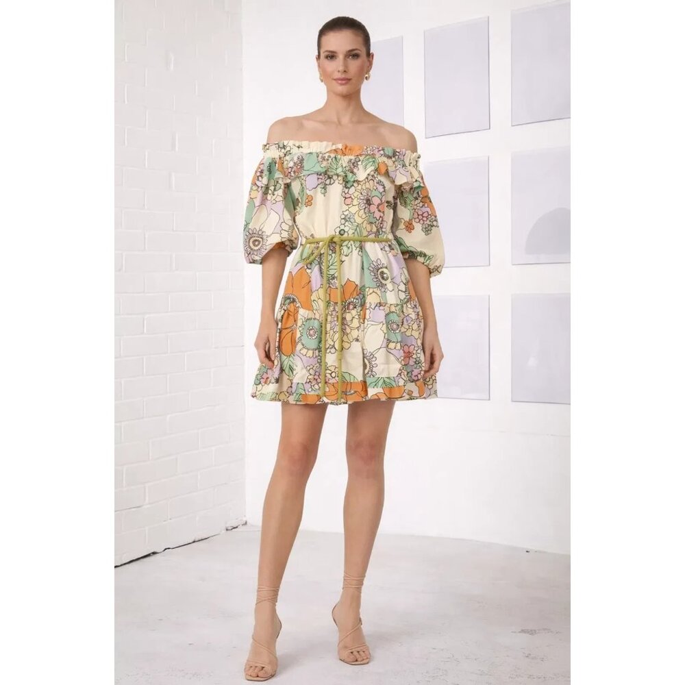 Alemais Farrah Ruffle Mini Dress Floral Linen Belted, Size 8 | 12